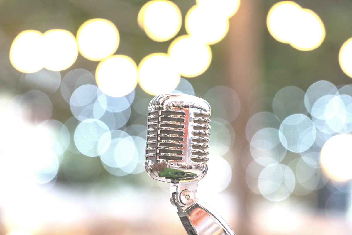 Vintage Microphone on Wall Blurred Background.